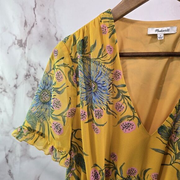 Madewell Dress Womens 6 S Yellow Floral Sweetgrass Ruffle Flounce Painted Bloom - Picture 2 of 13